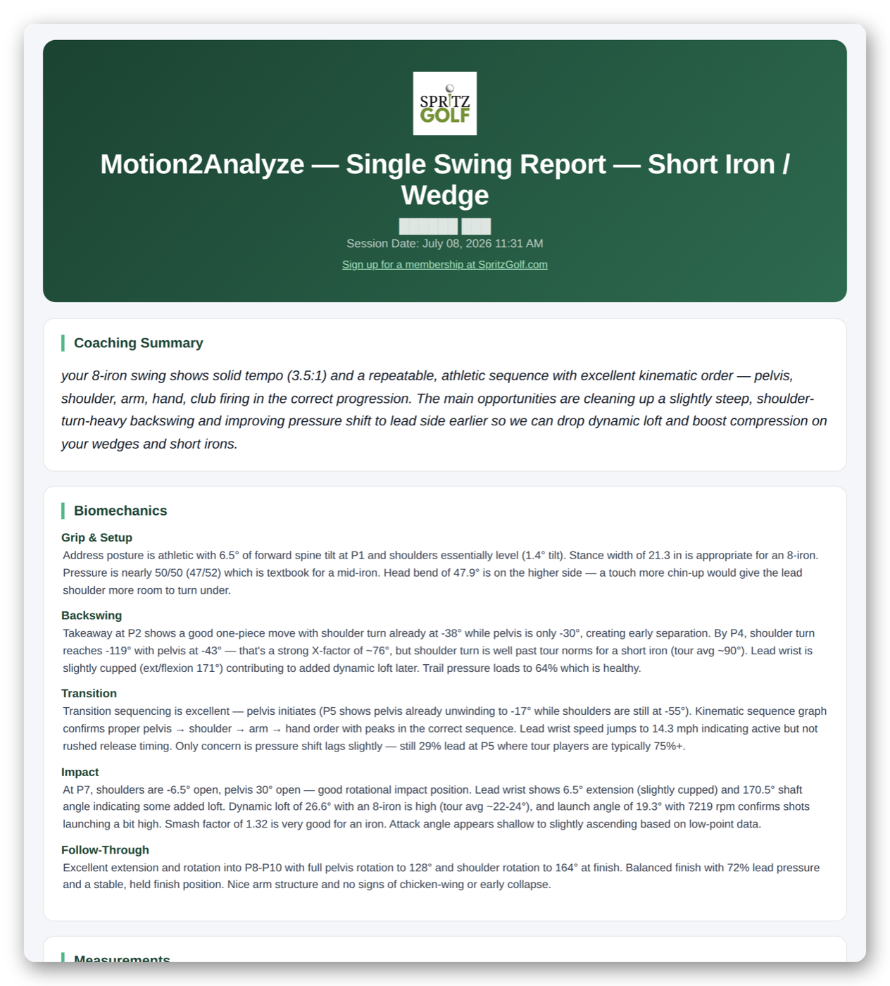Sample AI Swing Analysis report showing a swing fault, the matching drills and a practice plan